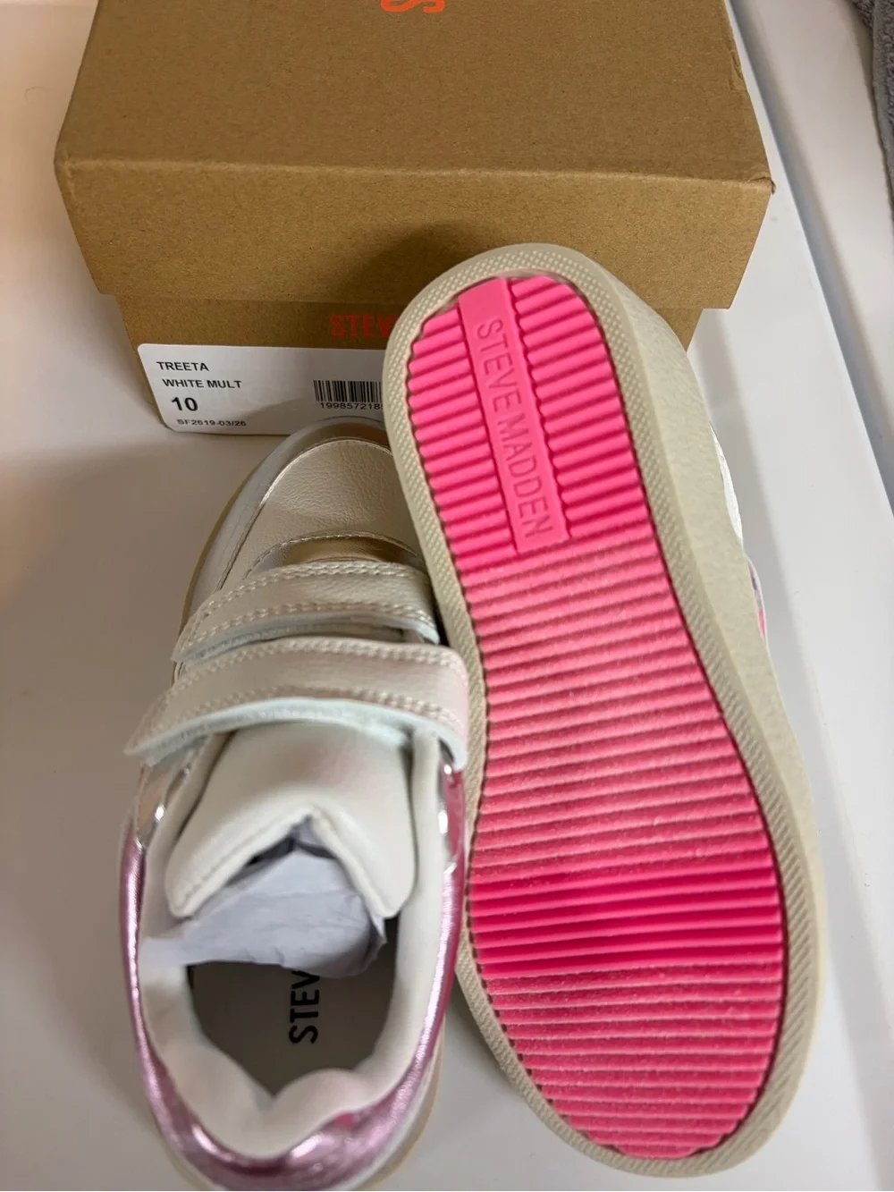 Steve Madden Kids White, Silver & Pink Velcro Sneakers